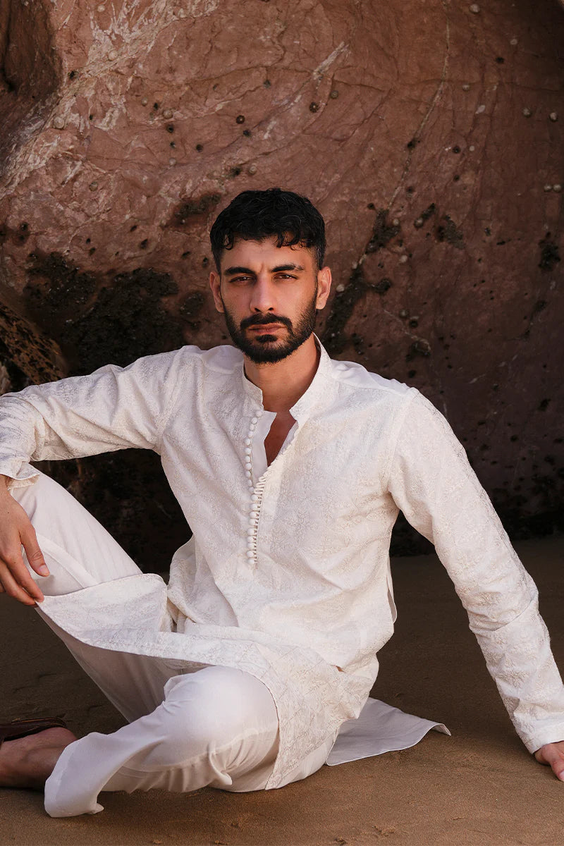 'Ivory White' Embroidered Kurta Pajama | REPUBLIC MENSWEAR