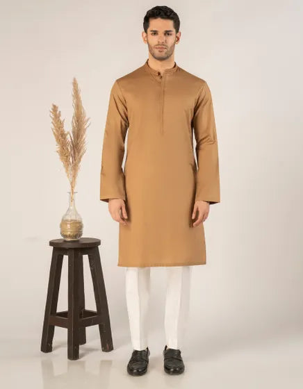 BEIGE COTTON SEMI-FORMAL KURTA | JUNAID JAMSHED MENSWEAR
