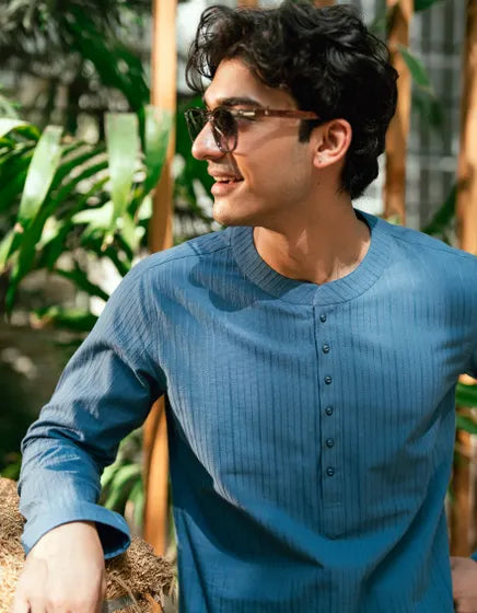DULL BLUE BUNNAT COTTON CASUAL SHORT KURTA | JUNAID JAMSHED MENSWEAR