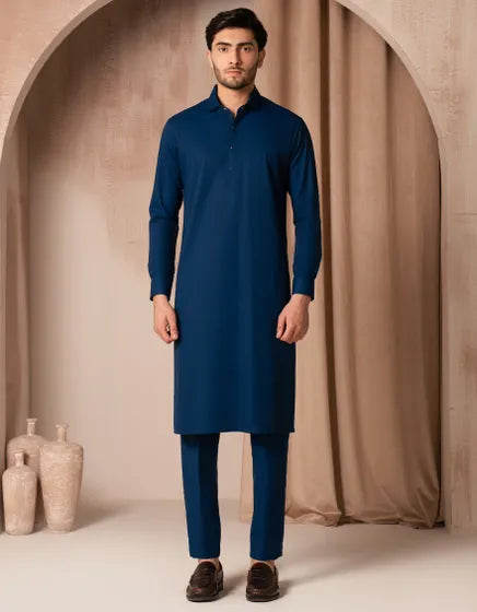 BLUE BLENDED KURTA TROUSER | JUNAID JAMSHED MENSWEAR