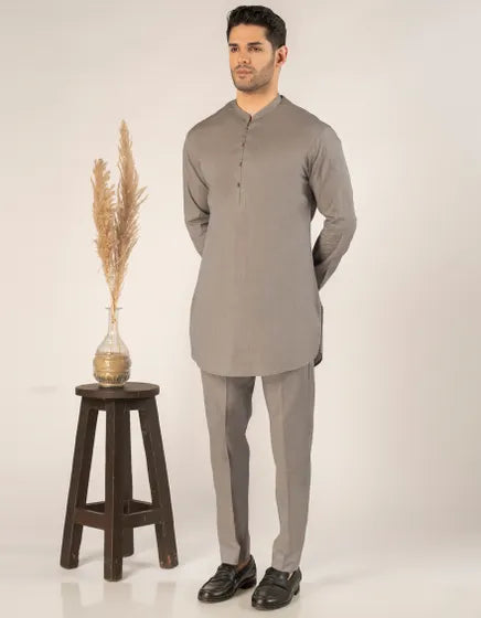 STONE GREY COTTON CASUAL SHORT KURTA TROUSER | JUNAID JAMSHED MENSWEAR