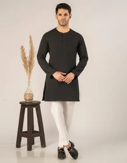BLACK BUNNAT COTTON CASUAL SHORT KURTA | JUNAID JAMSHED MENSWEAR