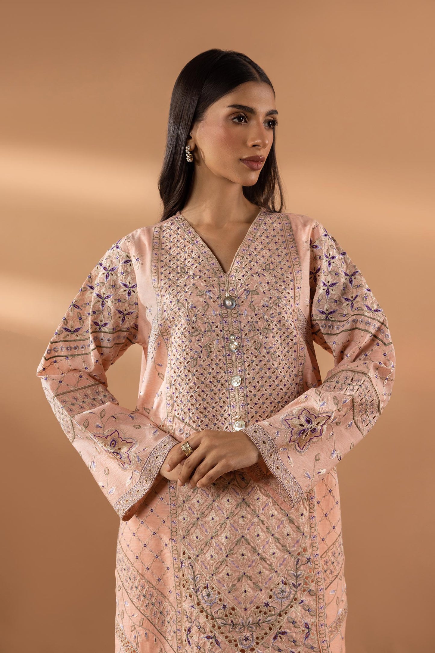 STITCHED EMBROIDERED CHAMBRAY SHIRT + BOTTOM | Sana Safinaz