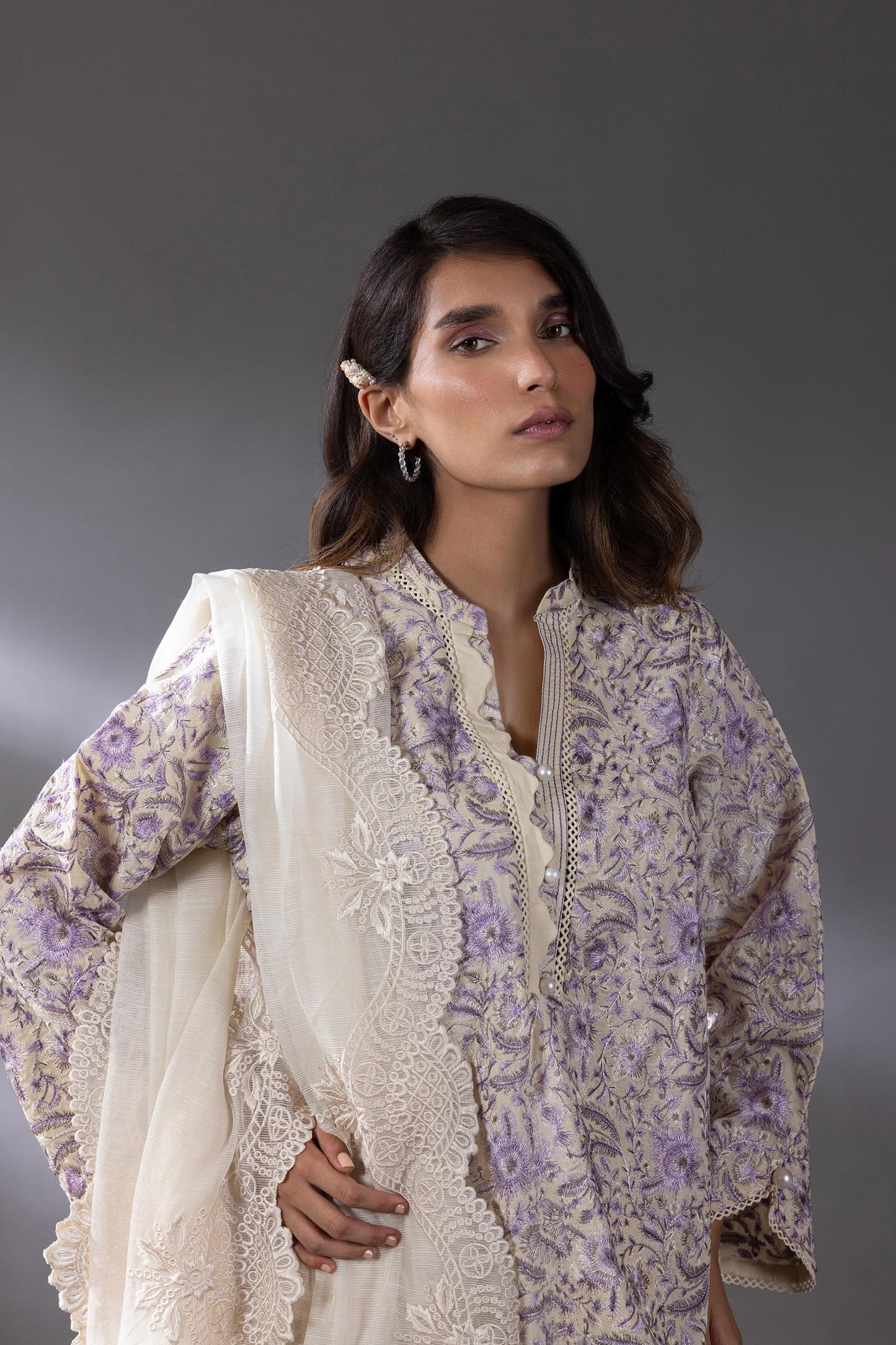 STITCHED LAWN EMBROIDERED SHIRT | Sana Safinaz