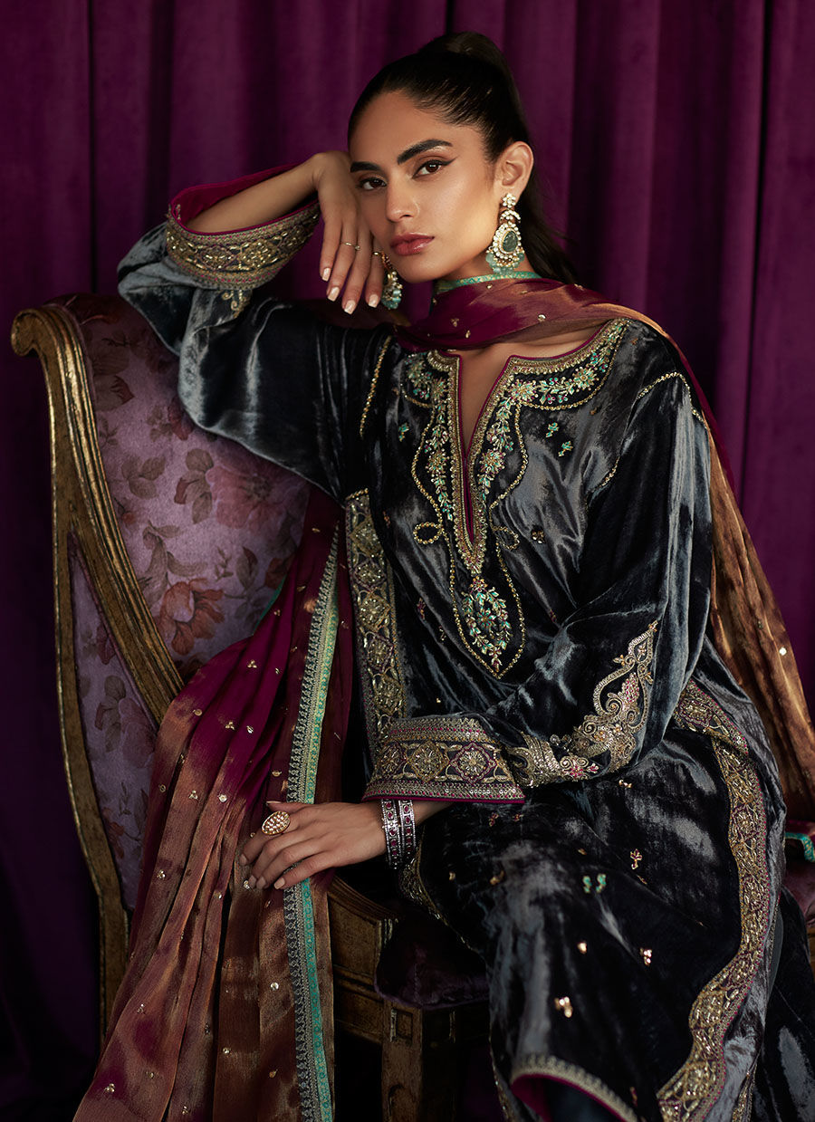 Salma Silver Shirt And Dupatta | Velvet | FARAH TALIB AZIZ