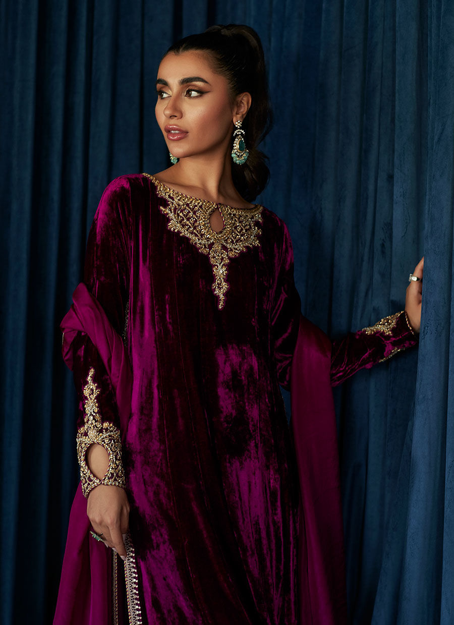 Kay Aubergine Shirt And Dupatta | Velvet | FARAH TALIB AZIZ