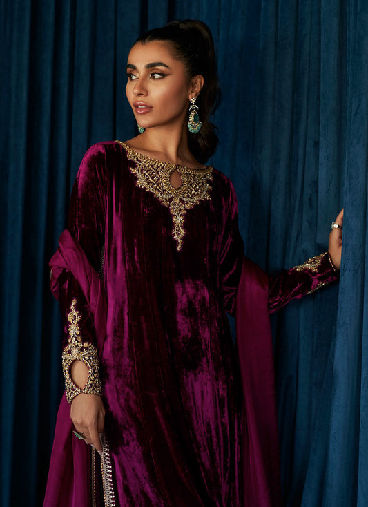 Kay Aubergine Shirt And Dupatta | Velvet | FARAH TALIB AZIZ