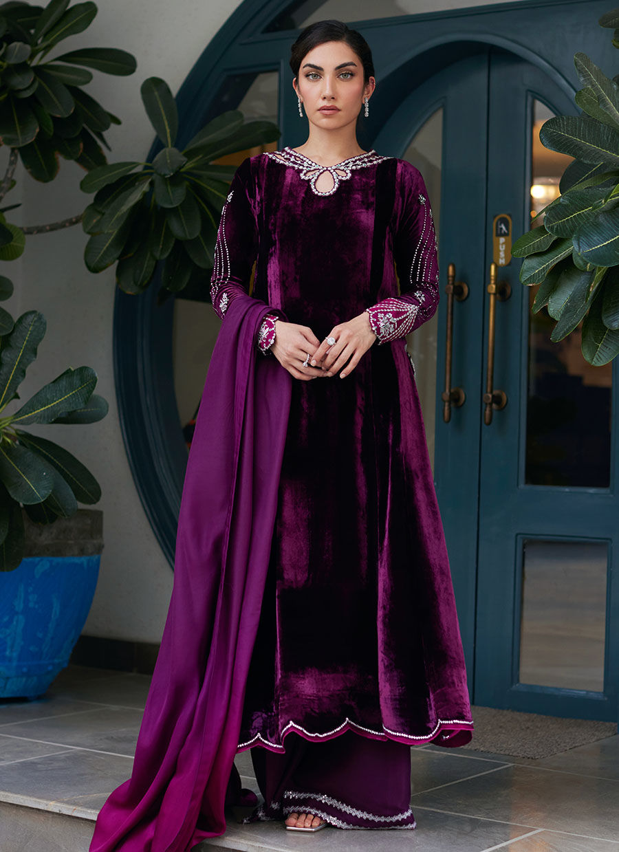 Nuha Plum Shirt And Silk Dupatta | Velvet | FARAH TALIB AZIZ