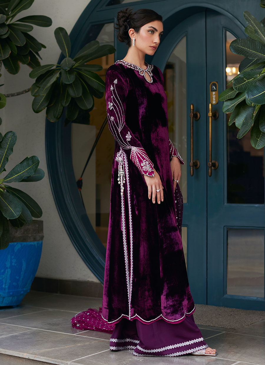 Nuha Plum Shirt And Silk Dupatta | Velvet | FARAH TALIB AZIZ