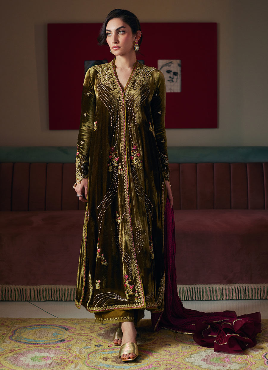 Shahd Olive Shirt And Dupatta | Velvet | FARAH TALIB AZIZ