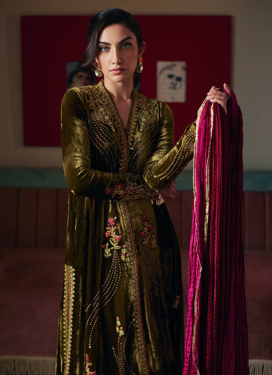 Shahd Olive Shirt And Dupatta | Velvet | FARAH TALIB AZIZ