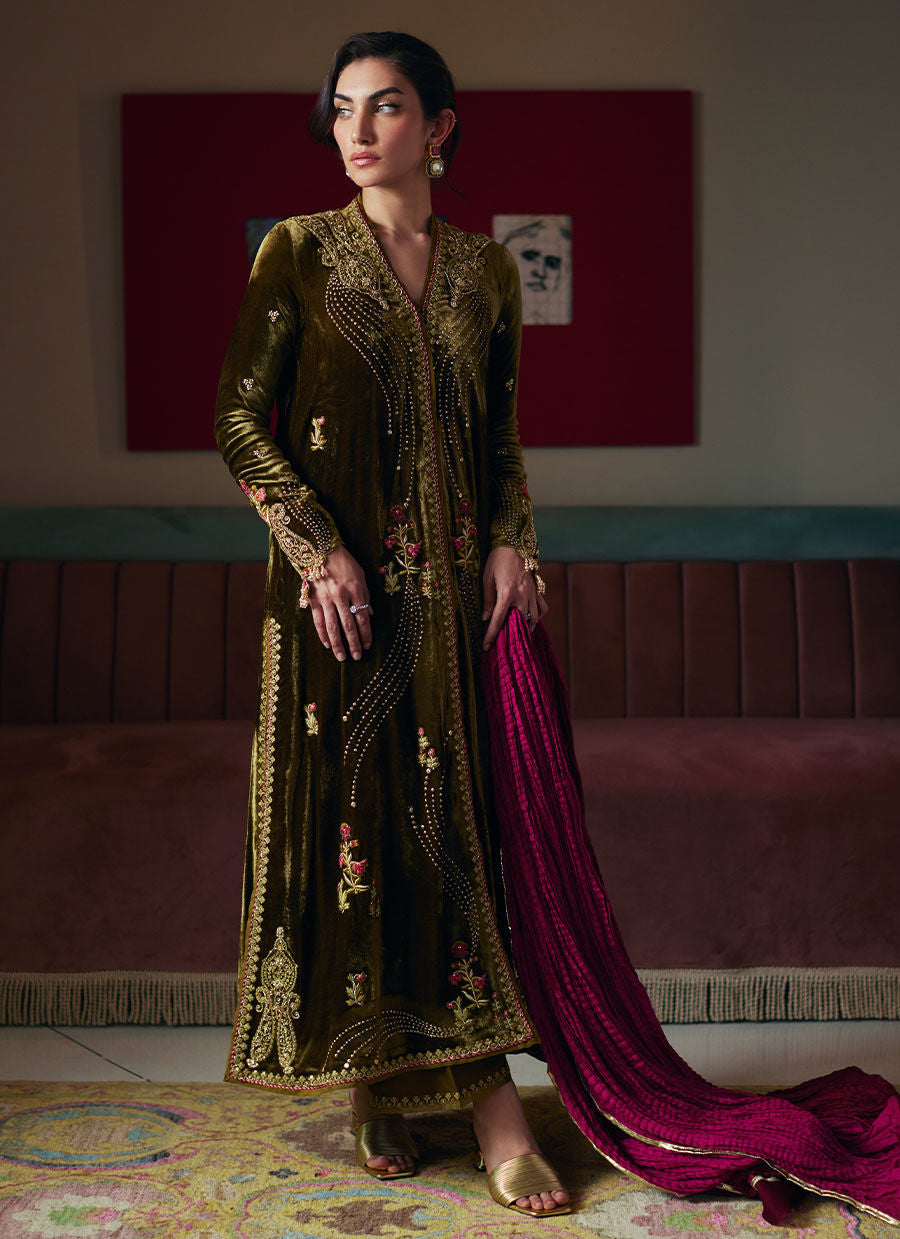 Shahd Olive Shirt And Dupatta | Velvet | FARAH TALIB AZIZ