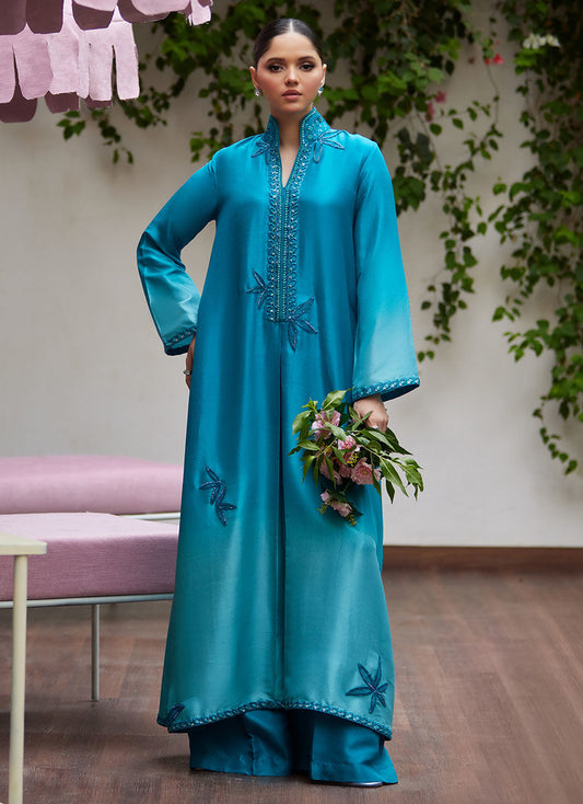 DEERI OMBRE BLUE EMBELLISHED KAFTAN CUT SHIRT | FARAH TALIB AZIZ