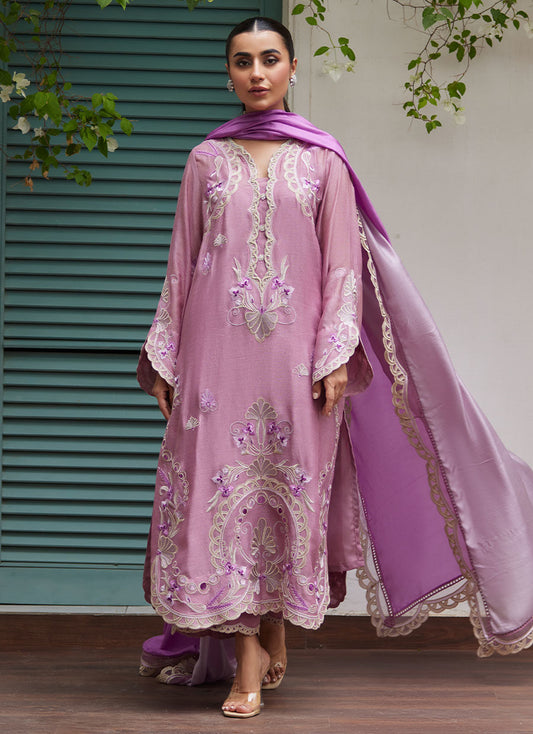 IVAN MAUVE EMBROIDERED COTTON NET SHIRT WITH MEDIUM SILK DUPATTA | FARAH TALIB AZIZ