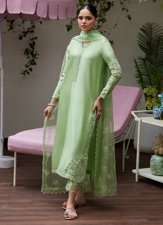 KATYA APPLE GREEN CUTWORK RAW SILK SHIRT WITH ORGANZA DUPATTA | FARAH TALIB AZIZ