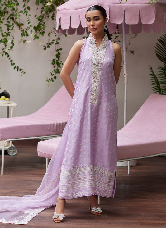 LARISSA LAVENDER EMBROIDERED COLUMN SHIRT WITH ORGANZA DUPATTA | FARAH TALIB AZIZ