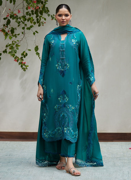 LEONA EMERALD EMBROIDERED COTTON NET SHIRT WITH SILK DUPATTA | FARAH TALIB AZIZ