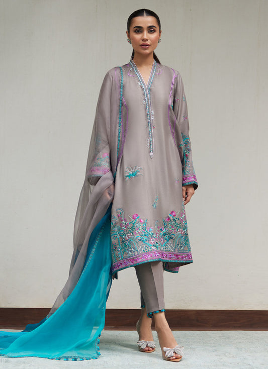 NATALYA CHARCOAL EMBROIDERED RAW SILK SHIRT WITH ORGANZA DUPATTA | FARAH TALIB AZIZ