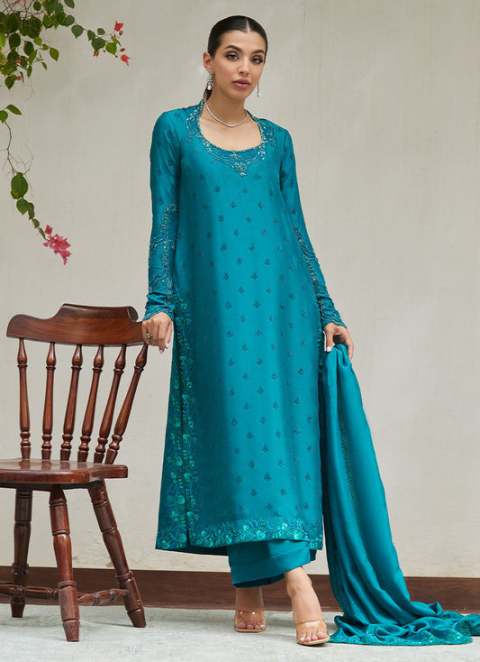 PERSIAN GREEN EMBROIDERED AND EMBELLISHED RAW SILK SHIRT WITH DUPATTA | FARAH TALIB AZIZ