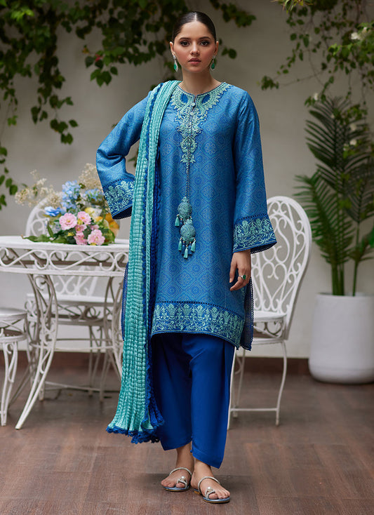 FAINA COBALT BLUE EMBROIDERED RAW SILK SHIRT AND DUPATTA | FARAH TALIB AZIZ