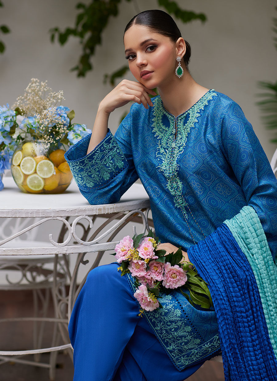 FAINA COBALT BLUE EMBROIDERED RAW SILK SHIRT AND DUPATTA | FARAH TALIB AZIZ