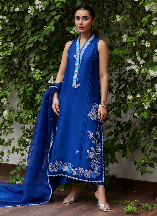 INGA INK BLUE EMBROIDERED RAW SILK SHIRT AND DUPATTA | FARAH TALIB AZIZ