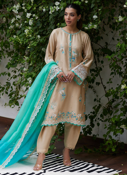 VENIA FRENCH BEIGE EMBROIDERED RAW SILK WITH DUPATTA | FARAH TALIB AZIZ