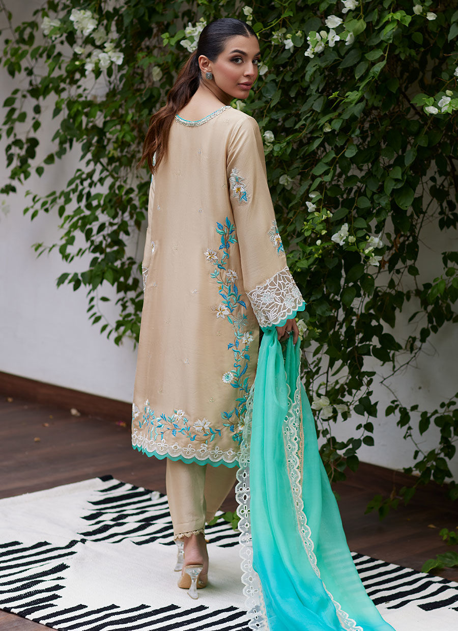 VENIA FRENCH BEIGE EMBROIDERED RAW SILK WITH DUPATTA | FARAH TALIB AZIZ