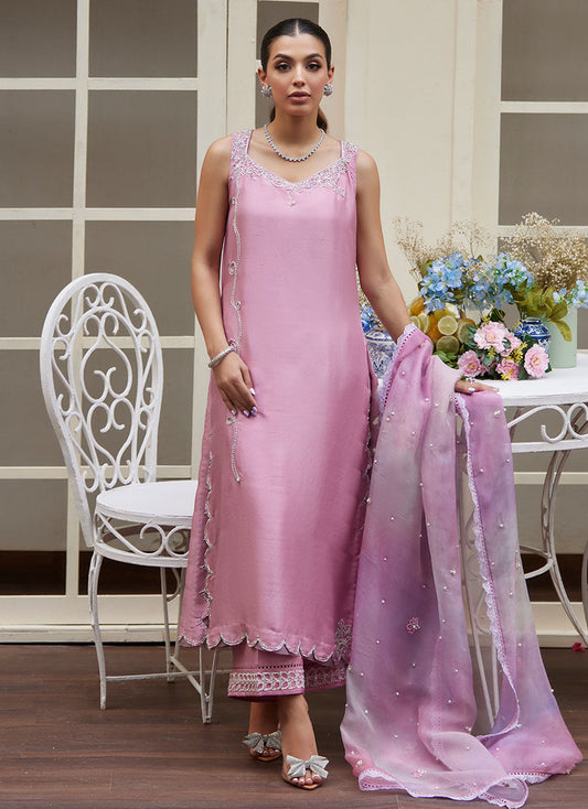 NINEL LILAC EMBELLISHED RAW SILK SHIRT WITH PRINTED ORGANZA DUPATTA | PRET | FARAH TALIB AZIZ