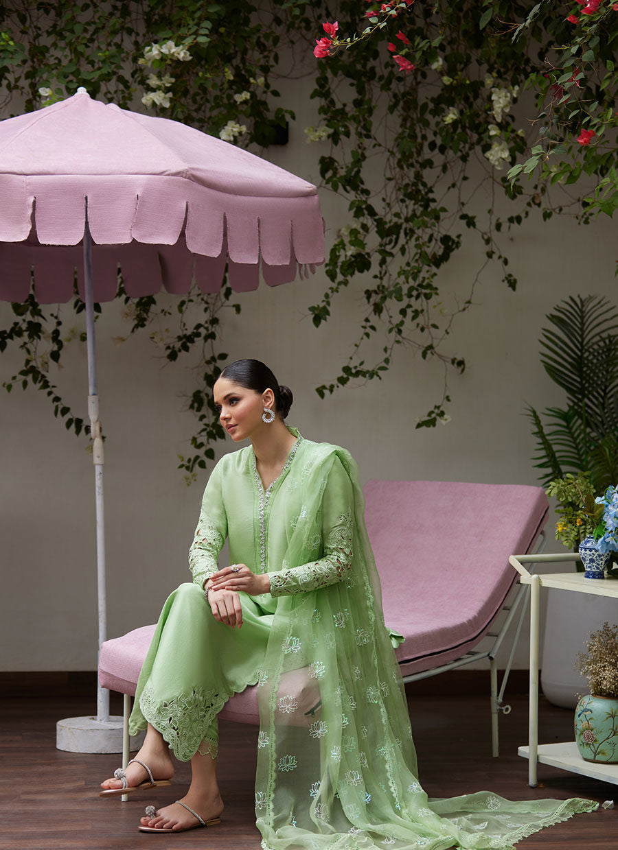KATYA APPLE GREEN CUTWORK RAW SILK SHIRT WITH ORGANZA DUPATTA | FARAH TALIB AZIZ