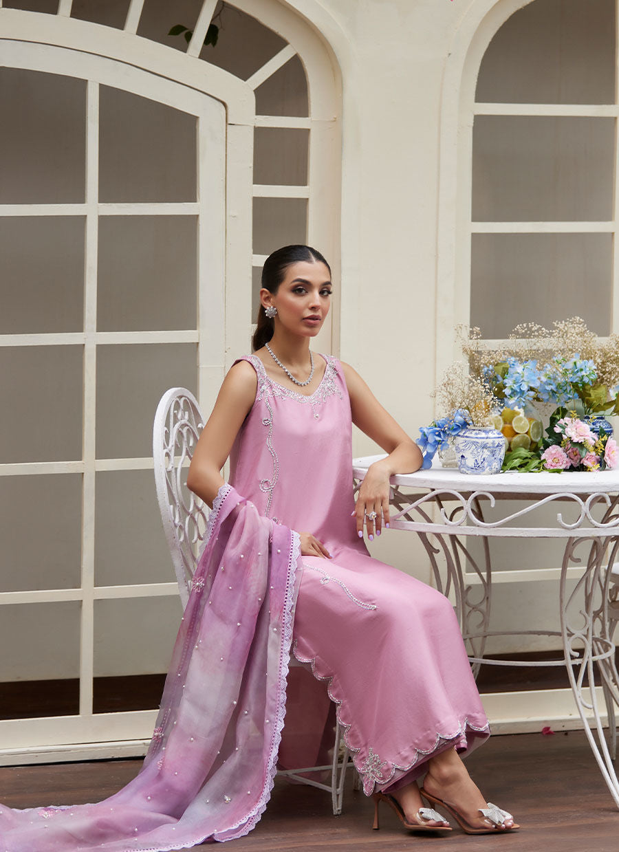 NINEL LILAC EMBELLISHED RAW SILK SHIRT WITH PRINTED ORGANZA DUPATTA | PRET | FARAH TALIB AZIZ