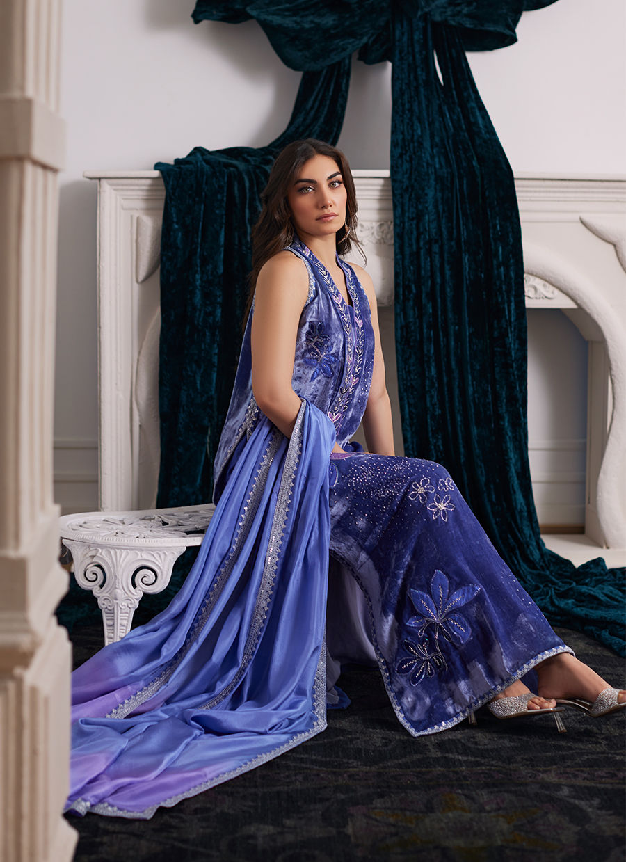 Isabel Periwinkle Shirt And Dupatta | Velvet | FARAH TALIB AZIZ