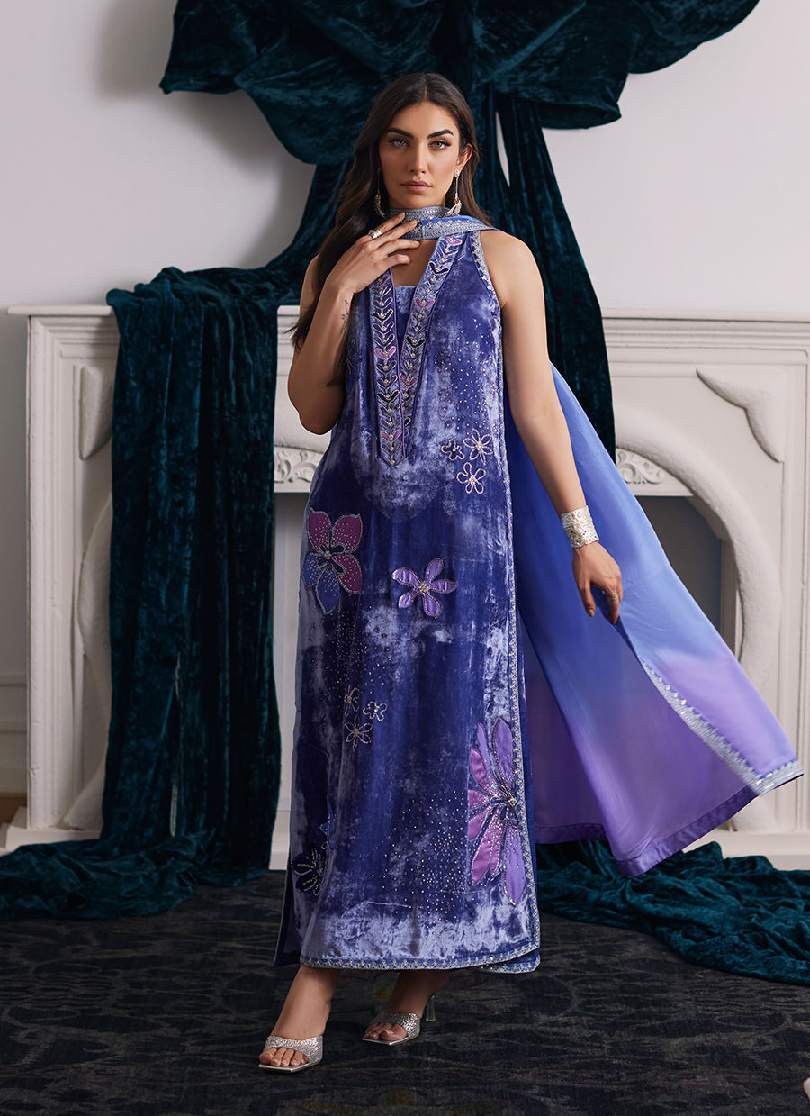 Isabel Periwinkle Shirt And Dupatta | Velvet | FARAH TALIB AZIZ