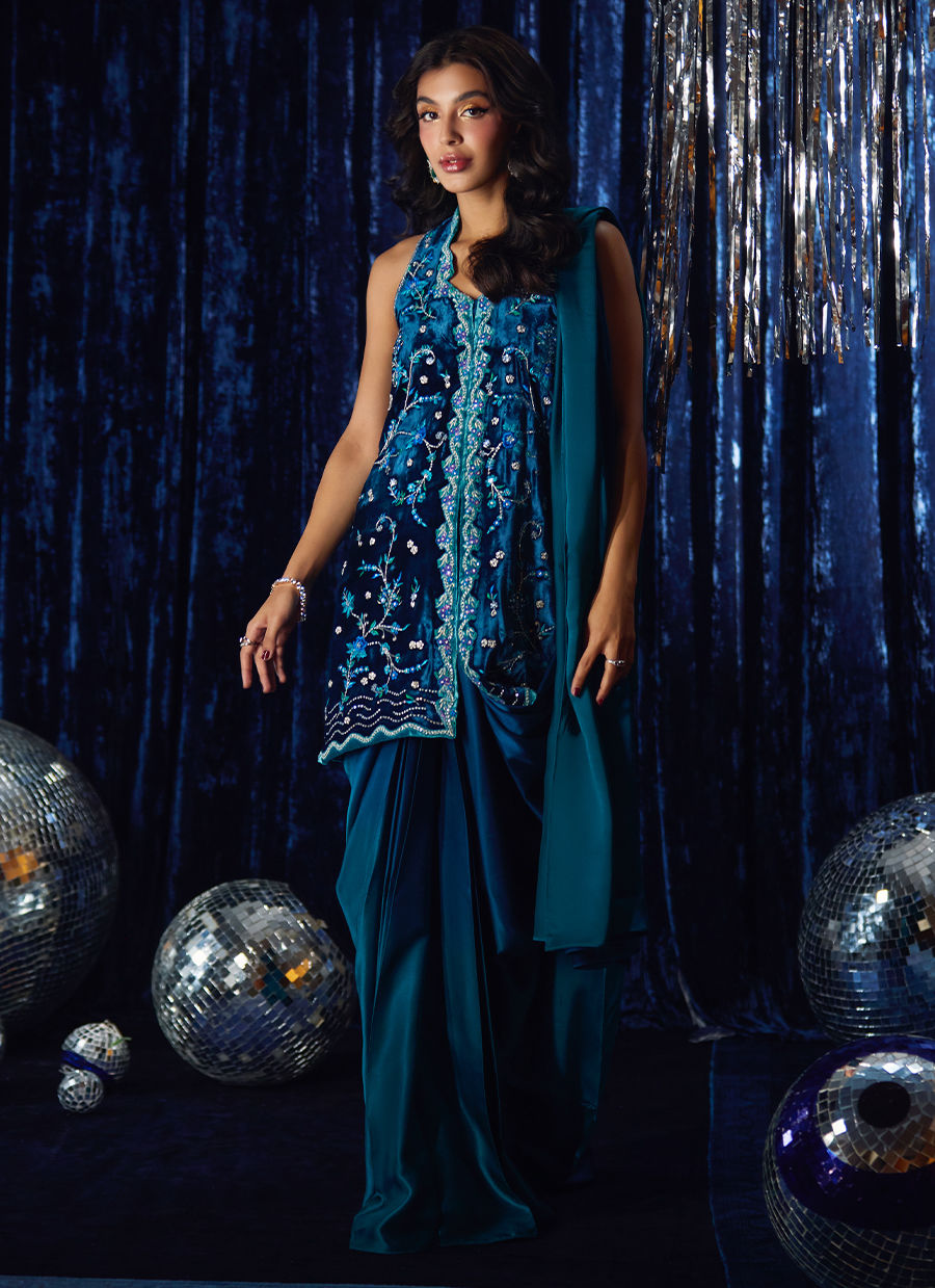 Pri Prussian Blue Saari Jacket | Velvet | FARAH TALIB AZIZ