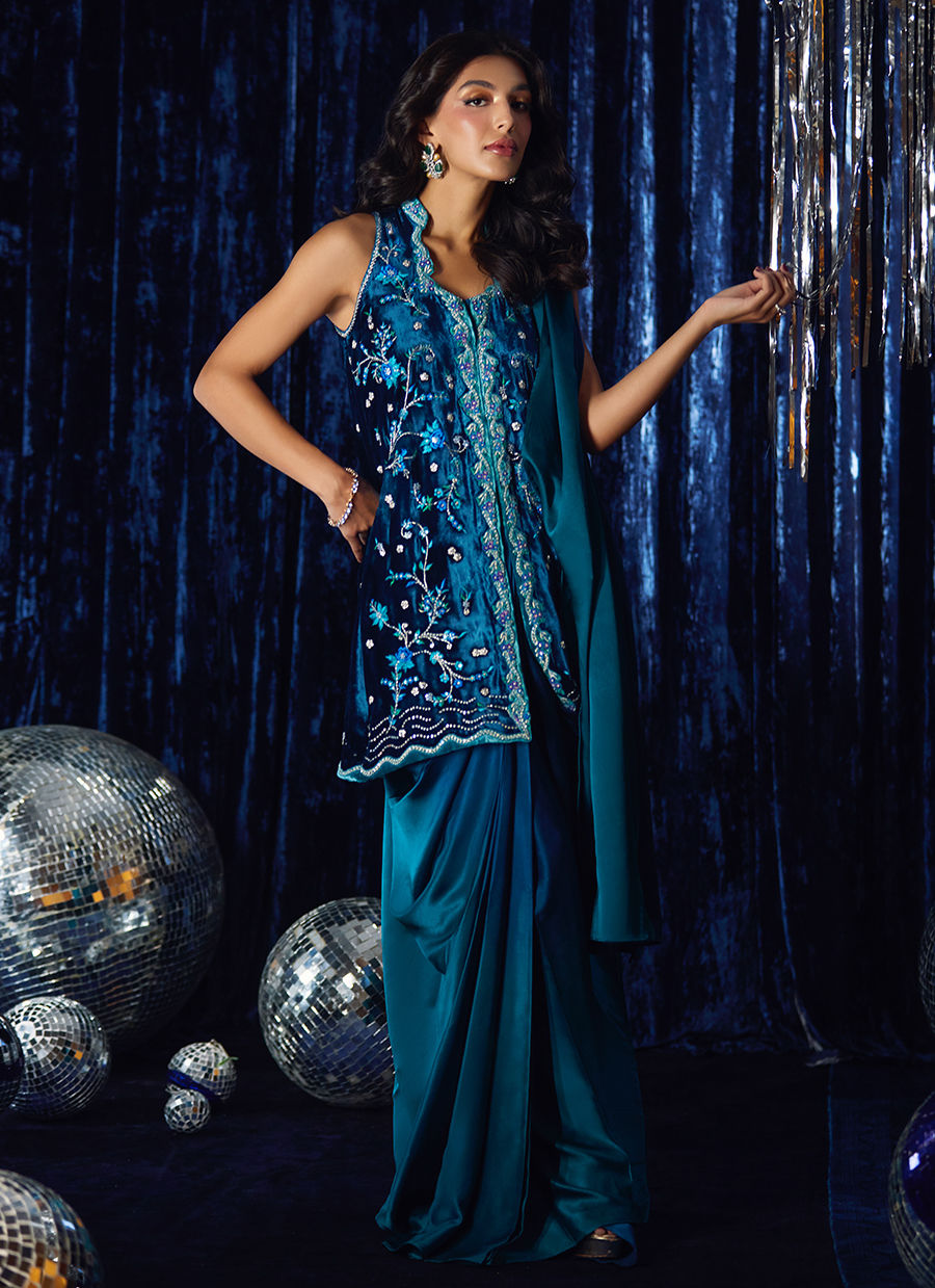 Pri Prussian Blue Saari Jacket | Velvet | FARAH TALIB AZIZ
