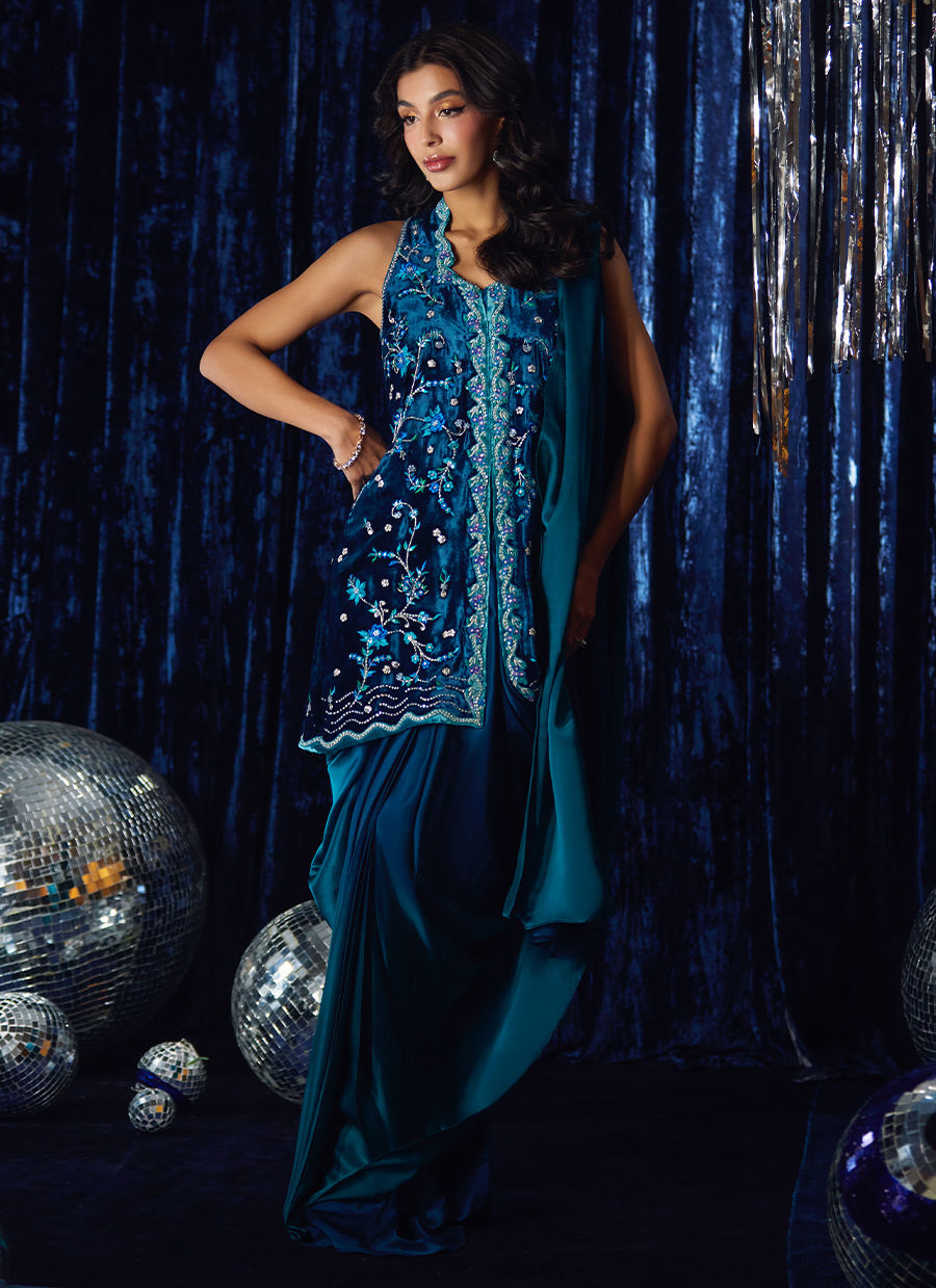 Pri Prussian Blue Saari Jacket | Velvet | FARAH TALIB AZIZ