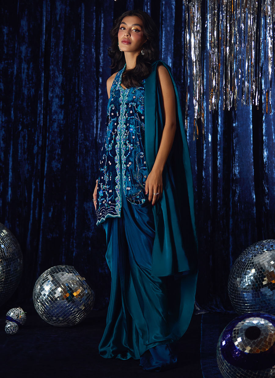 Pri Prussian Blue Saari Jacket | Velvet | FARAH TALIB AZIZ