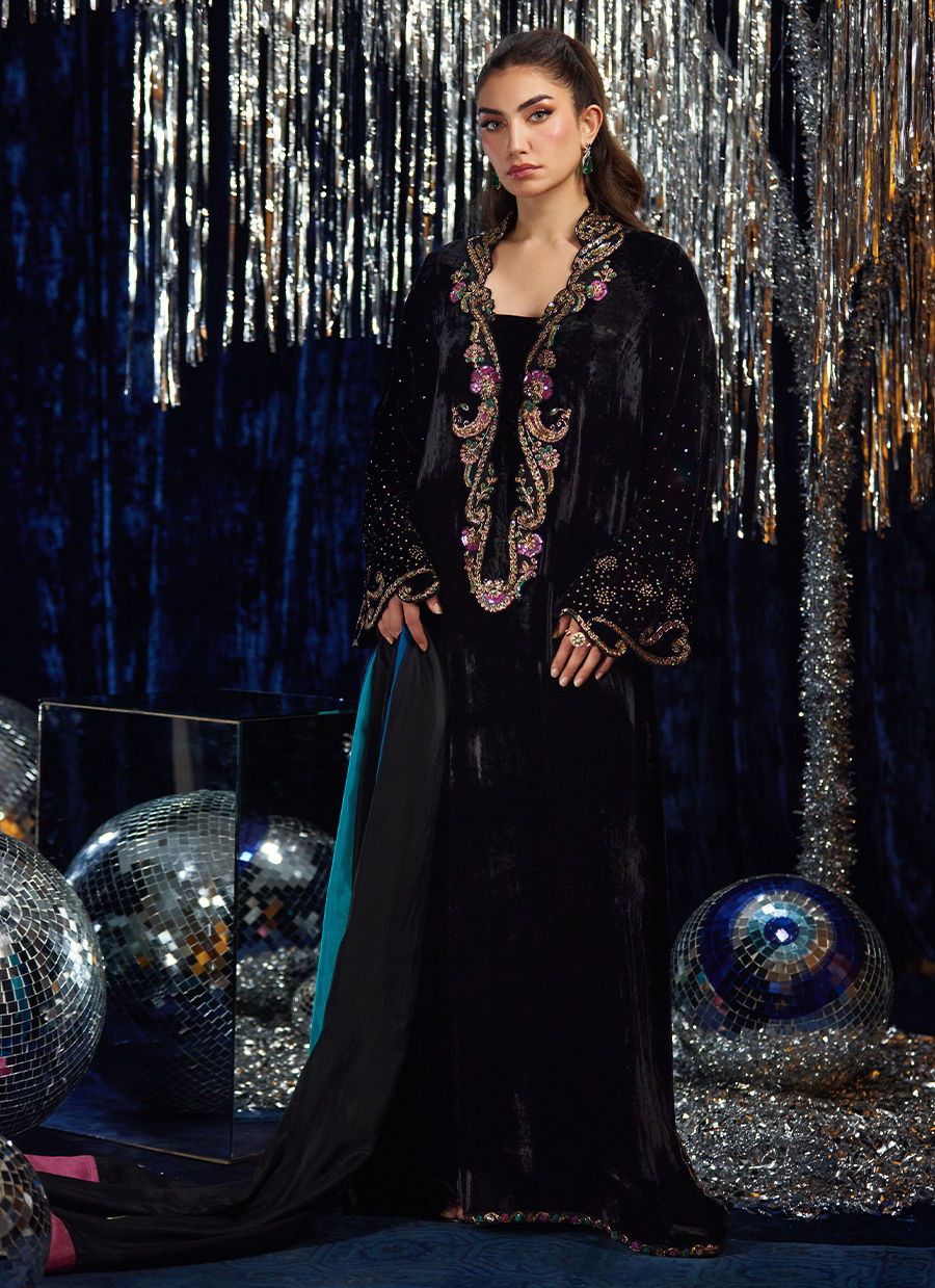 Nori Black Kaftan | Velvet | FARAH TALIB AZIZ