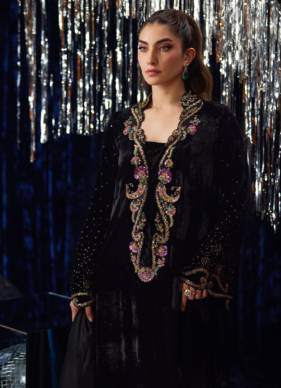Nori Black Kaftan | Velvet | FARAH TALIB AZIZ