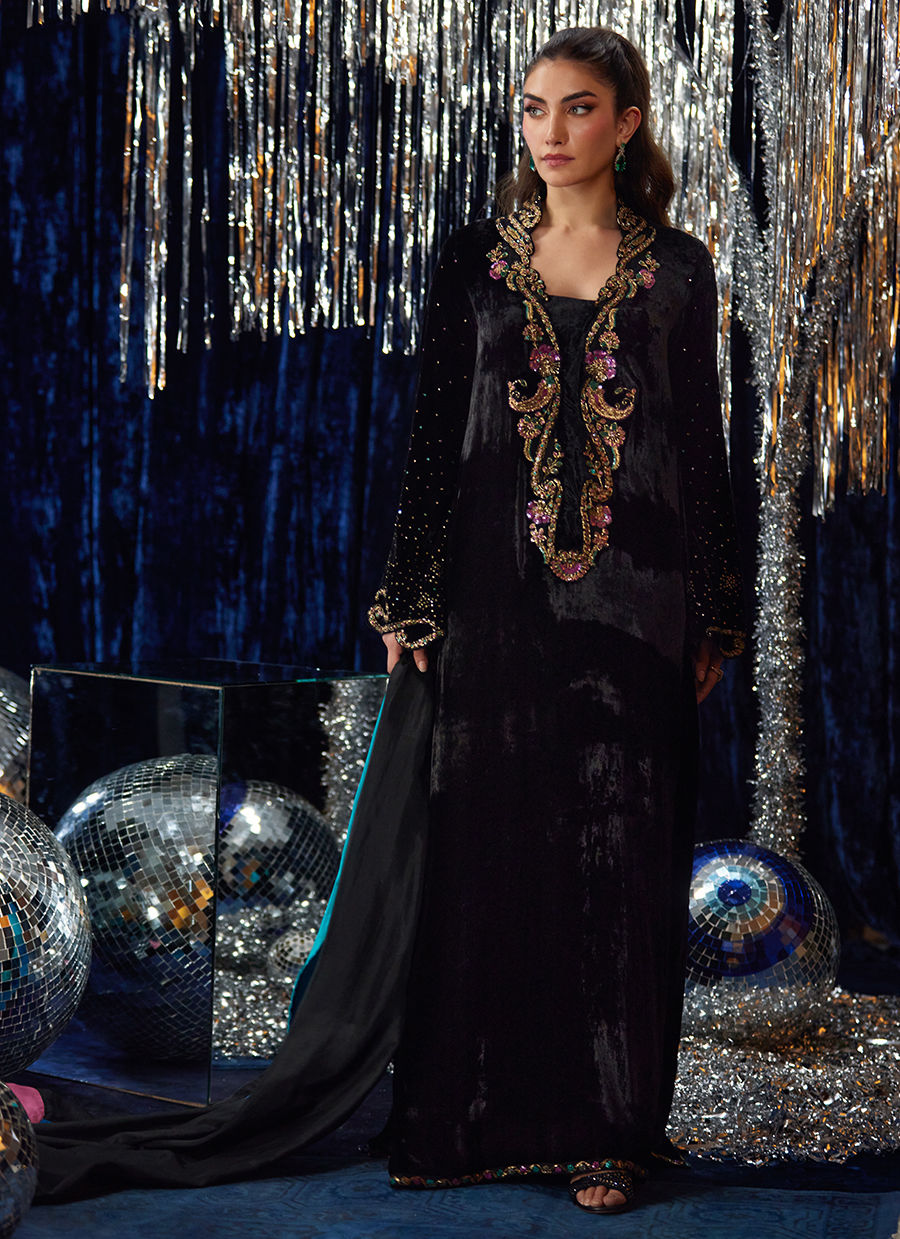 Nori Black Kaftan | Velvet | FARAH TALIB AZIZ