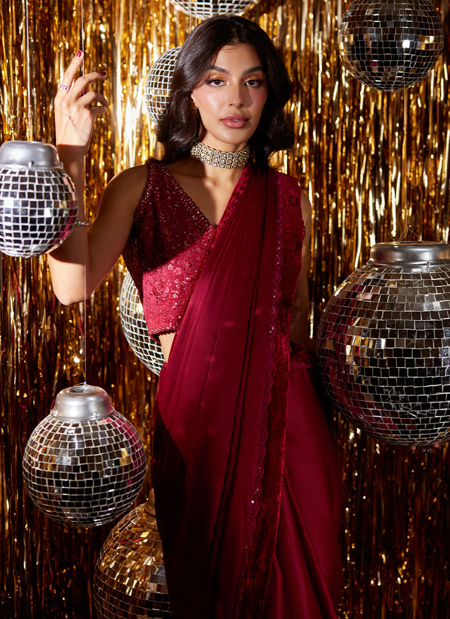 Carmine Charmeuse Saree And Velvet Blouse | Velvet | FARAH TALIB AZIZ