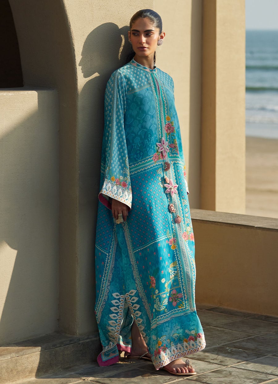 Amaris Sky-Blue Crepe Kaftan | Laani - The Kaftan Edit | FARAH TALIB AZIZ