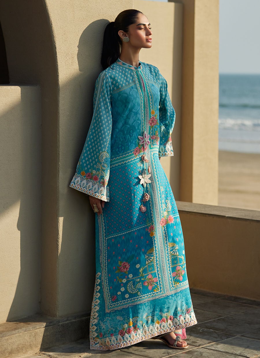 Amaris Sky-Blue Crepe Kaftan | Laani - The Kaftan Edit | FARAH TALIB AZIZ