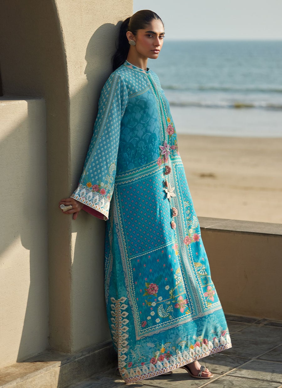 Amaris Sky-Blue Crepe Kaftan | Laani - The Kaftan Edit | FARAH TALIB AZIZ