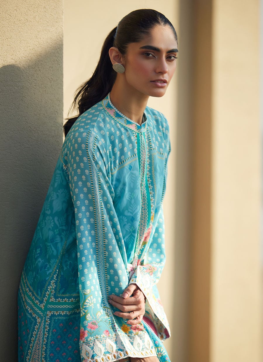 Amaris Sky-Blue Crepe Kaftan | Laani - The Kaftan Edit | FARAH TALIB AZIZ