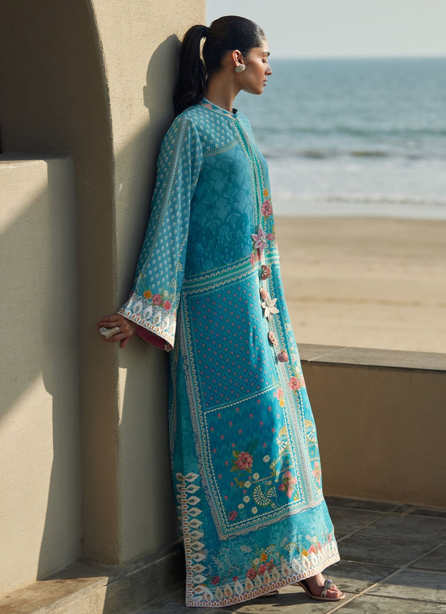 Amaris Sky-Blue Crepe Kaftan | Laani - The Kaftan Edit | FARAH TALIB AZIZ