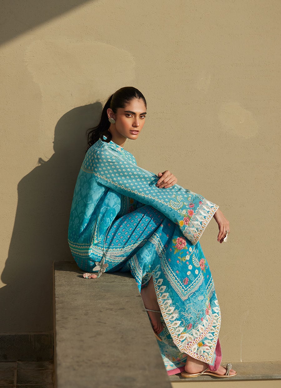 Amaris Sky-Blue Crepe Kaftan | Laani - The Kaftan Edit | FARAH TALIB AZIZ