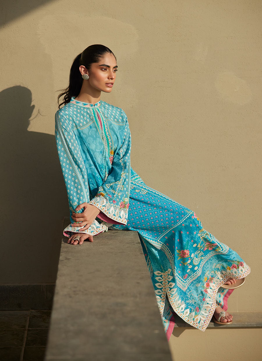 Amaris Sky-Blue Crepe Kaftan | Laani - The Kaftan Edit | FARAH TALIB AZIZ