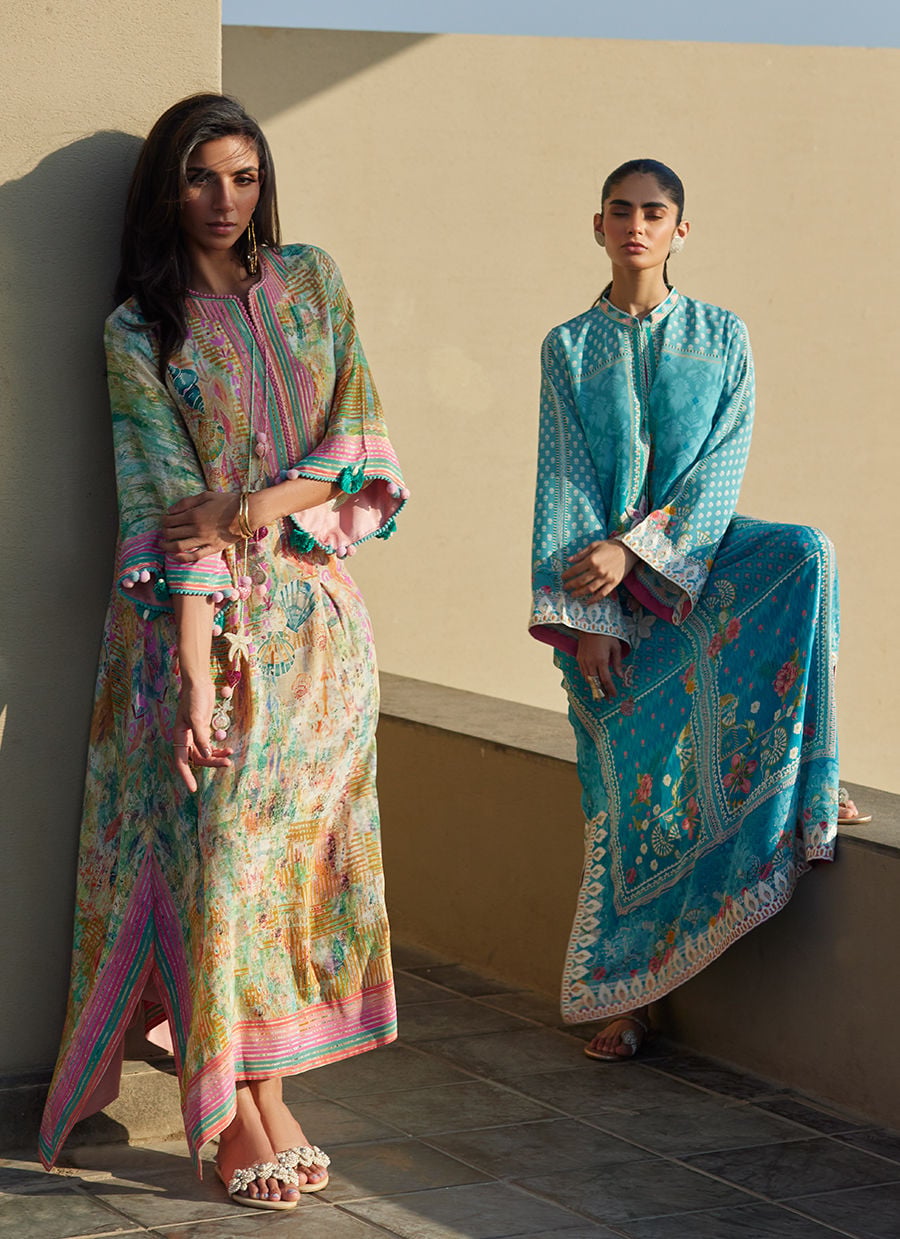 Amaris Sky-Blue Crepe Kaftan | Laani - The Kaftan Edit | FARAH TALIB AZIZ