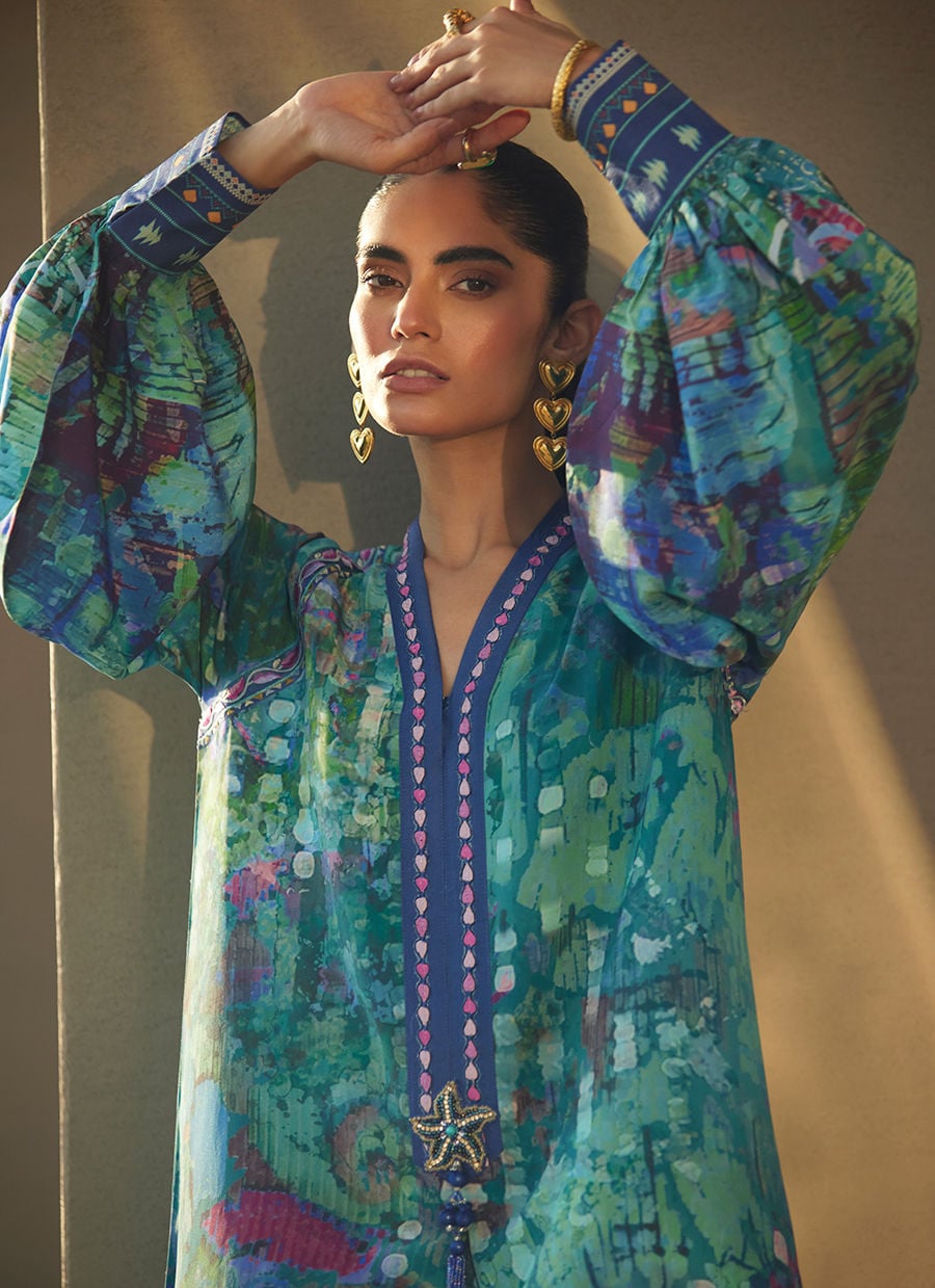 Tulum Blue Crepe Kaftan | Laani - The Kaftan Edit | FARAH TALIB AZIZ